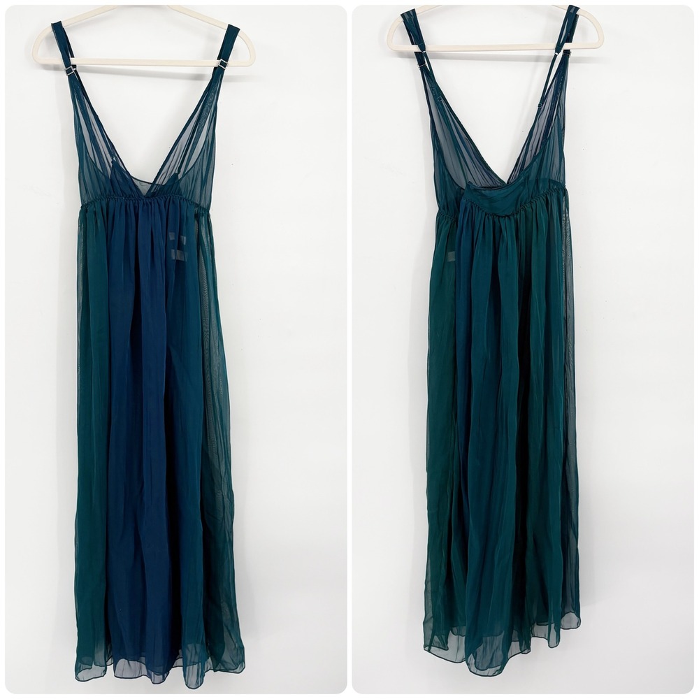 Valerie Stevens Vintage Teal Ombre Sheer Fairycore Rhinestone Maxi Dress Slip XL